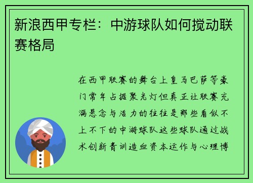 新浪西甲专栏：中游球队如何搅动联赛格局