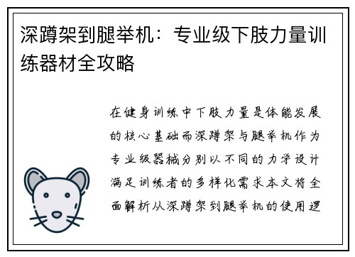 深蹲架到腿举机：专业级下肢力量训练器材全攻略