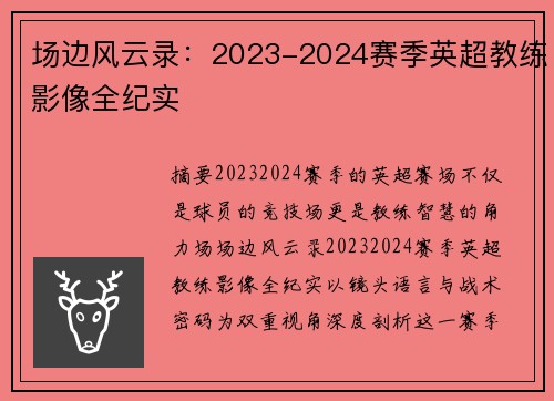 场边风云录：2023-2024赛季英超教练影像全纪实